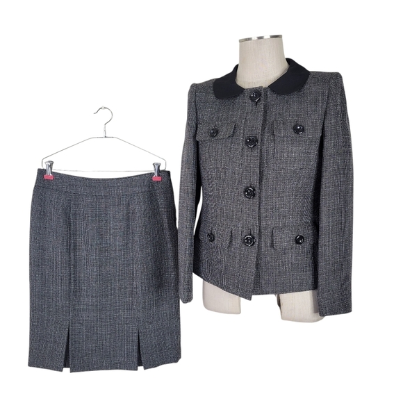 Le Suit Skirt Suit Size 6P Black Textured Pleated Hem Pockets 4 Button Lined - Picture 1 of 9